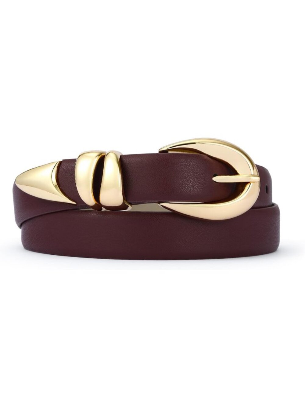Women's Burgundy Leather Adjustable Waist Belt For Jeans With Gold Buckle
